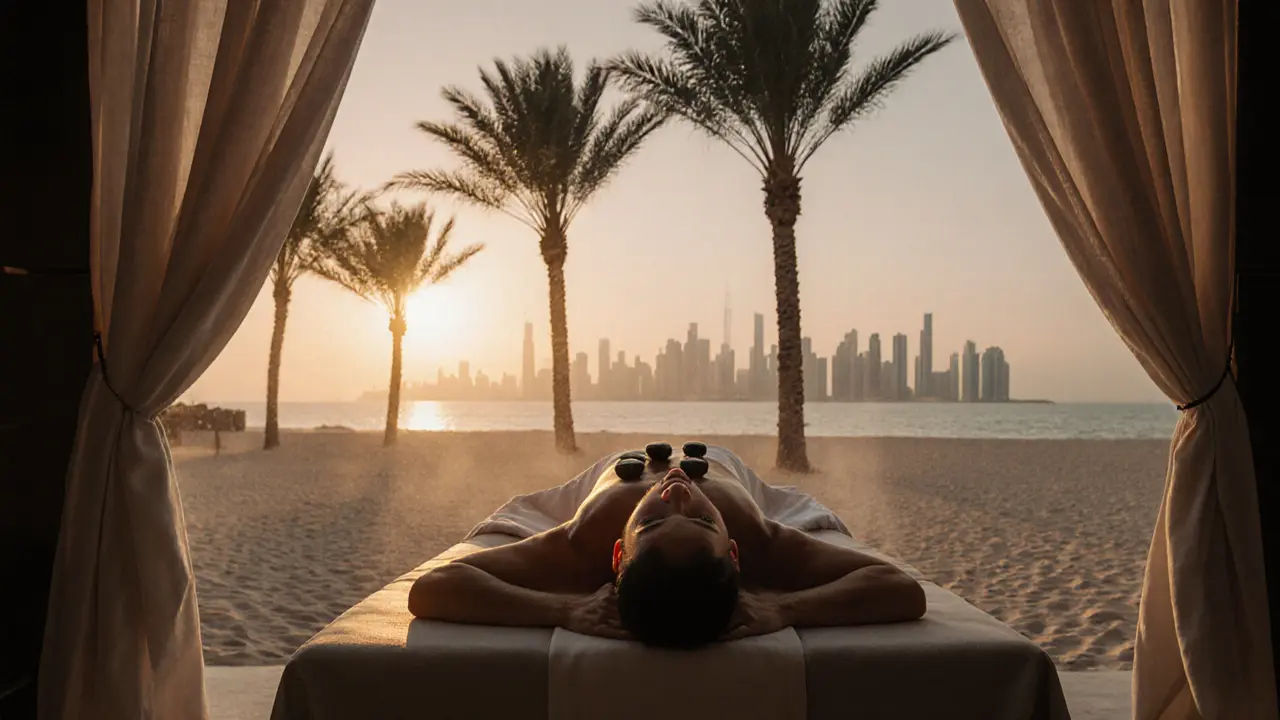 A client receiving a hot stone massage on a beachside spa table, palm trees and Dubai’s skyline glowing at sunset.