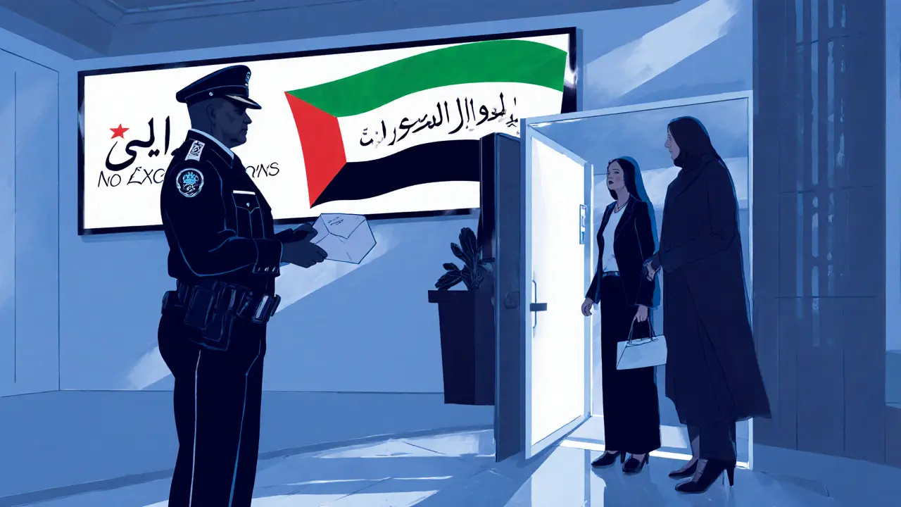 A police officer approaching a couple outside a luxury hotel, with cash visible and a digital billboard displaying &#039;No Exceptions&#039;.