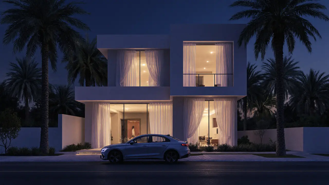 A private villa in Jumeirah at night, lights visible through curtains, conveying discretion and seclusion.