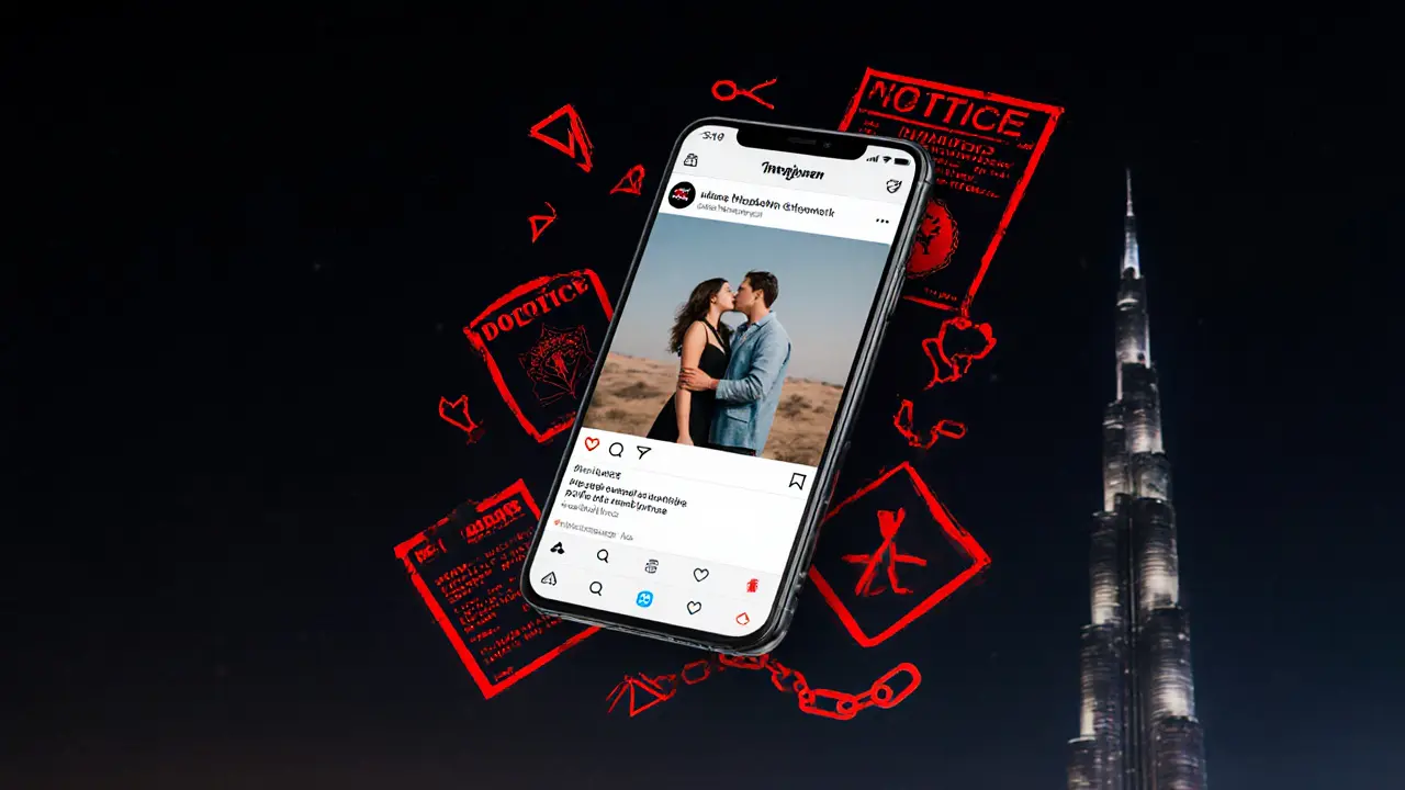 A smartphone screen shows a social media post with warning symbols, symbolizing legal risks of public affection in Dubai.
