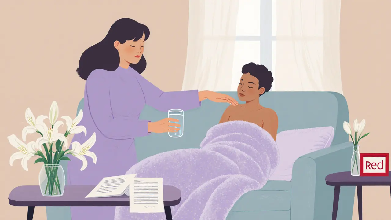 Aftercare lounge with a Mistress offering water, a blanket, and a contract on a coffee table.