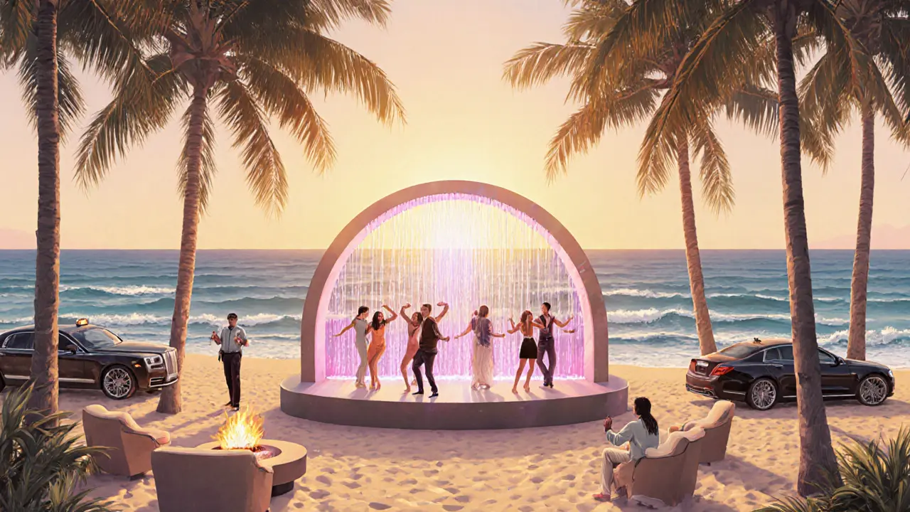 Beach party at sunrise with dancers, waterfalls, palm trees, and a taxi waiting for guests.