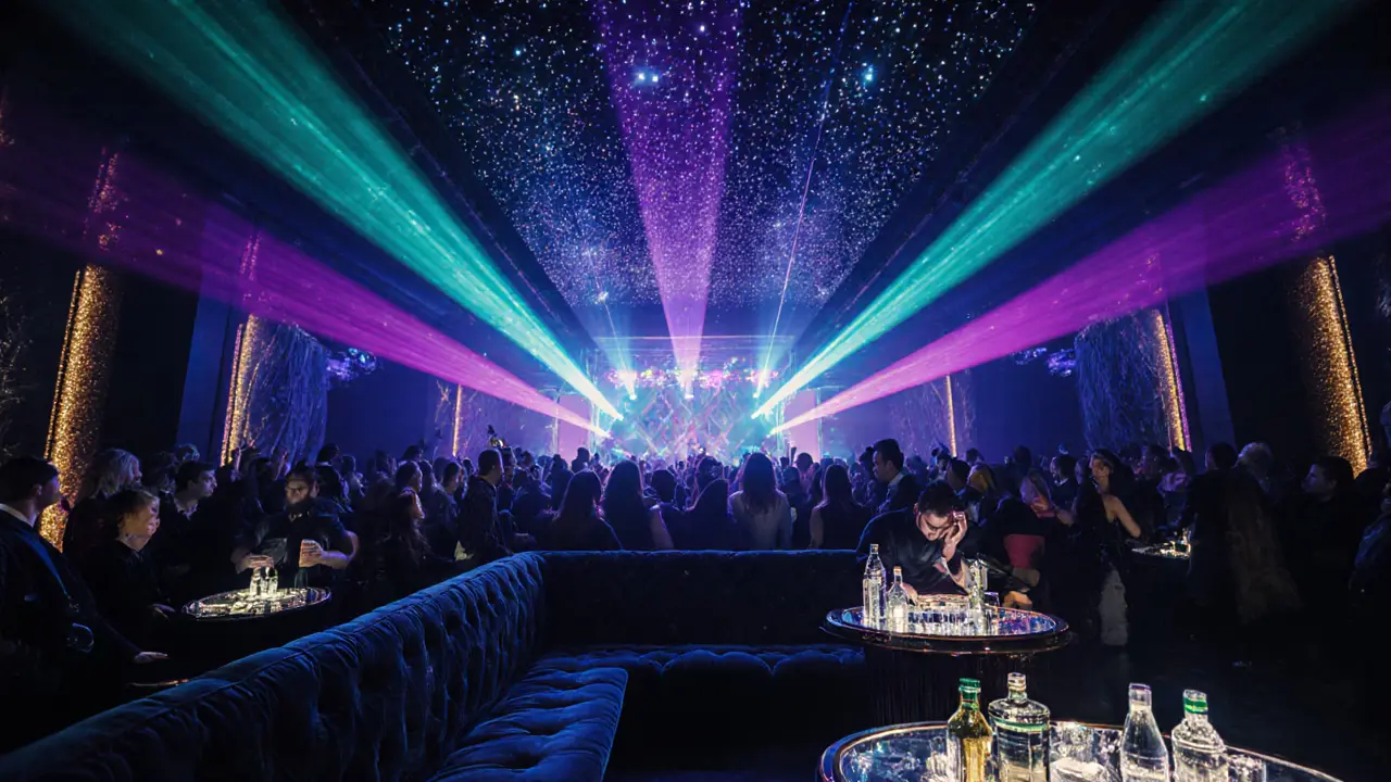 Dance floor with LED star ceiling, laser lights, and VIP tables full of partygoers.