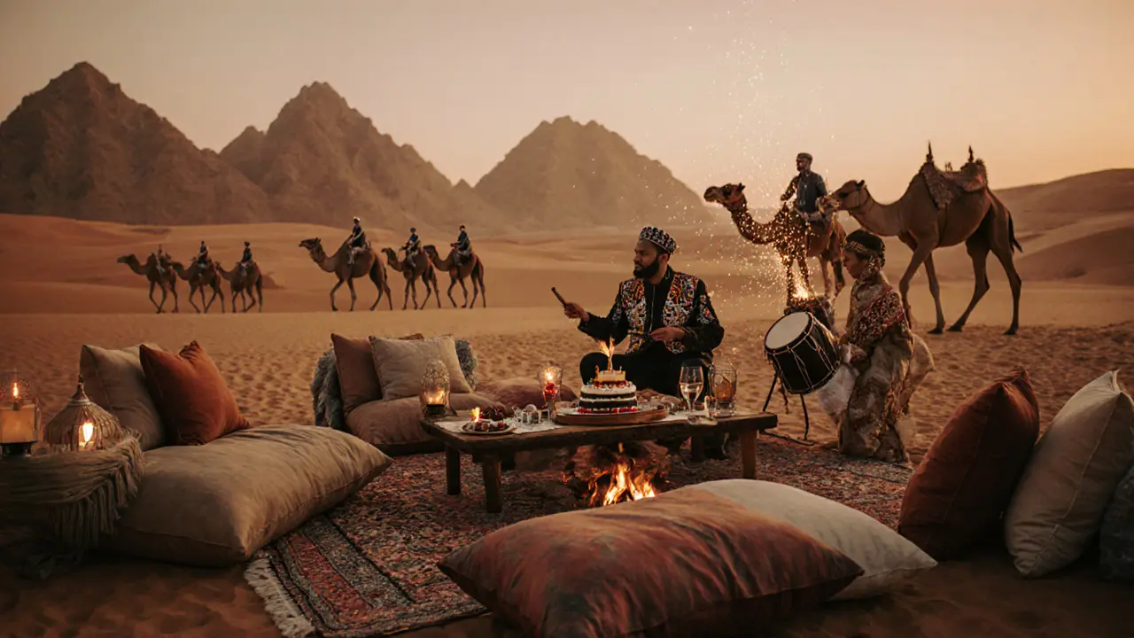 Desert camp birthday scene with silk cushions, drummers, camel, and lanterns at golden hour.