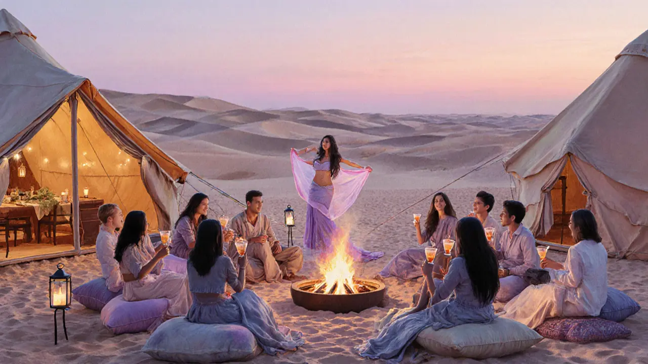 Desert camp sunrise with lantern‑lit tents, fire pit, and guests enjoying the early light.