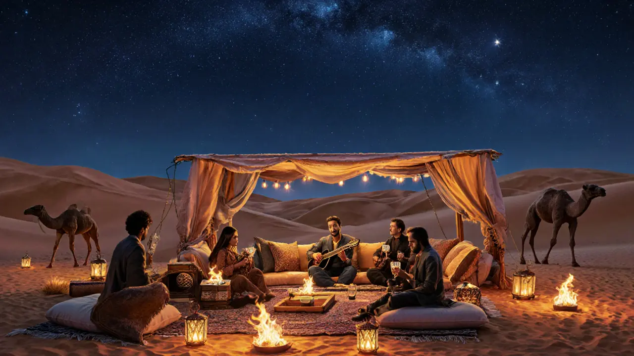 Desert lounge with lanterns, fire pits, musicians and guests in smart‑casual attire.