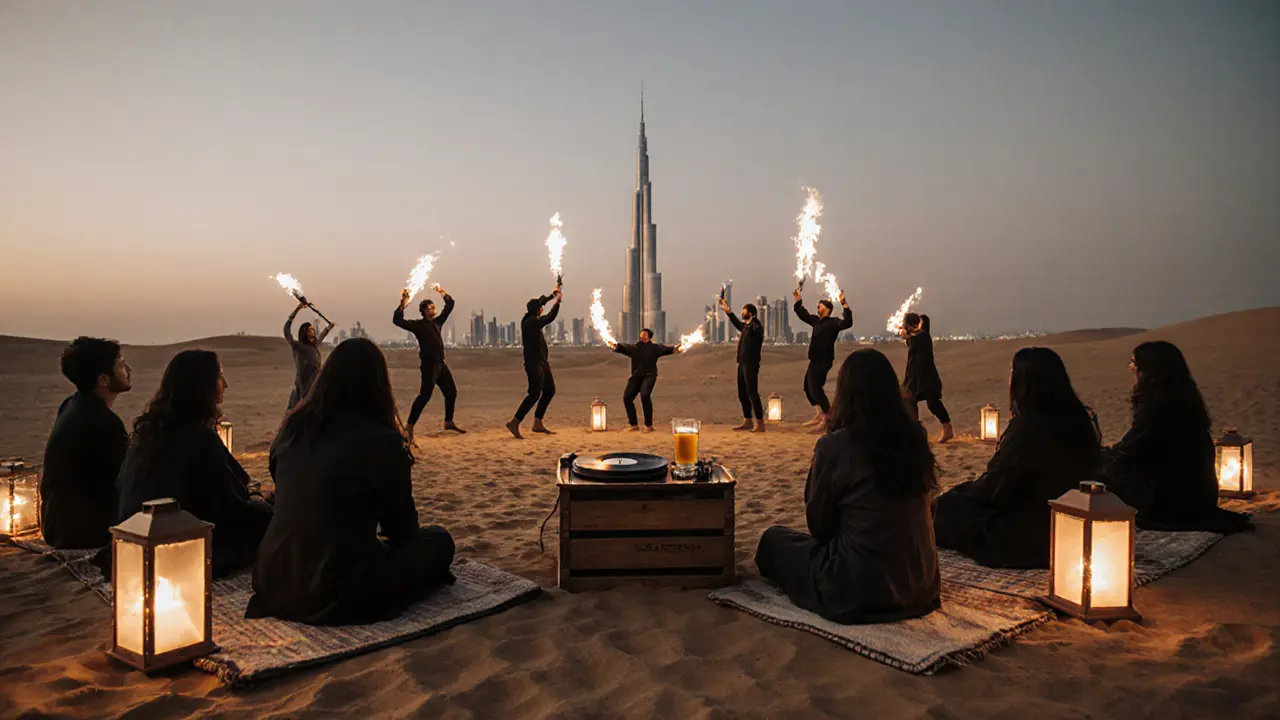 Desert party at dawn with lanterns, fire dancers, and vinyl DJ under starry sky.