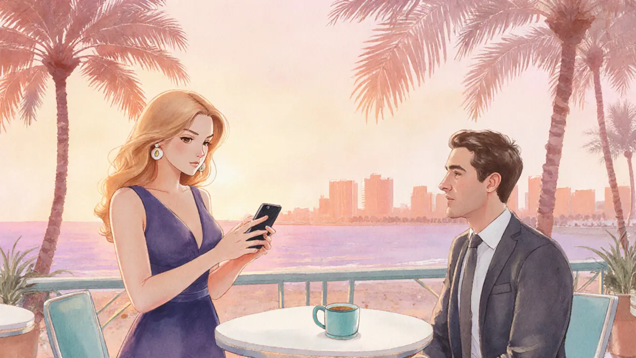 Elegant woman holding a smartphone meeting a man at a café terrace in JBR at sunset.