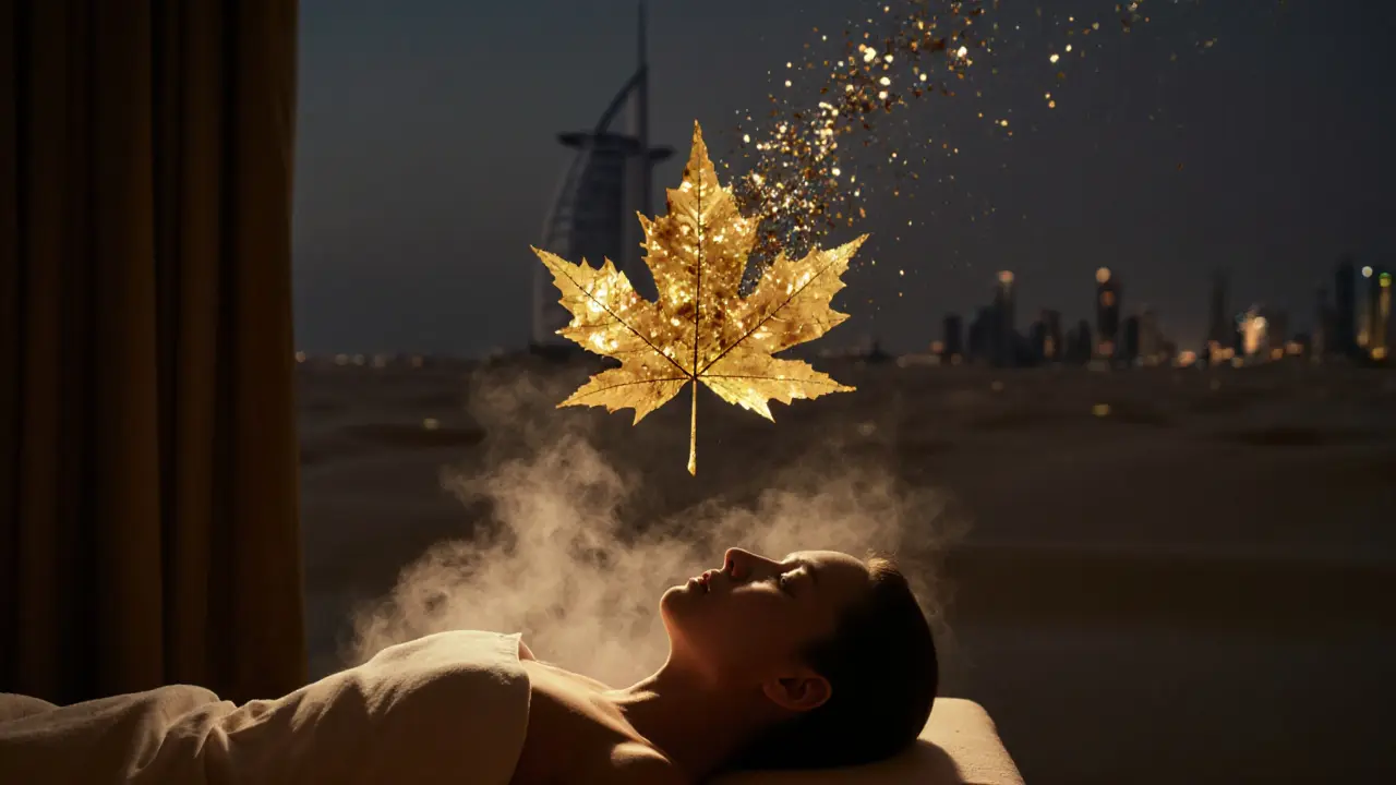 Golden leaves dissolving into light above a person in luxury spa, blending desert and city.