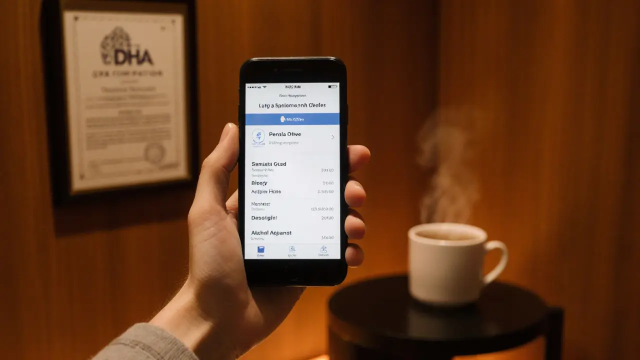 Hand holding phone showing spa booking app near a DHA certification plaque.