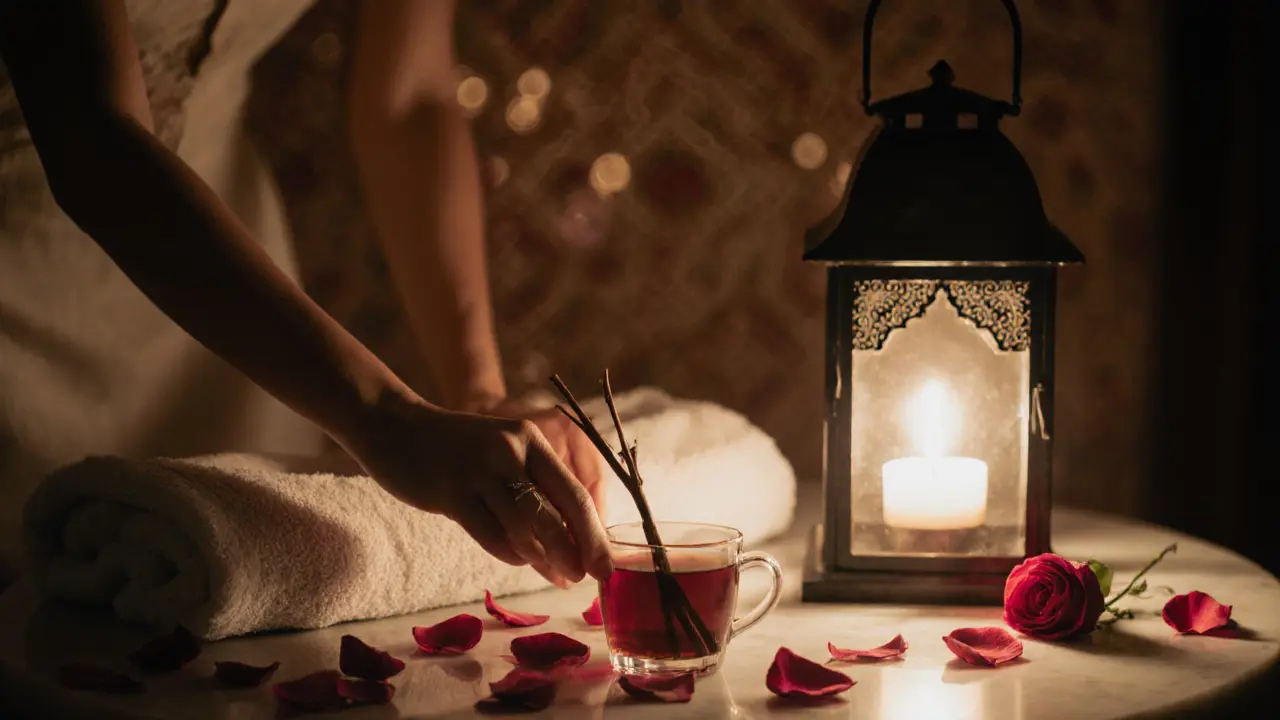 Hand placing oud wood on a spa table with tea and rose petals, symbolizing safe, peaceful relaxation.