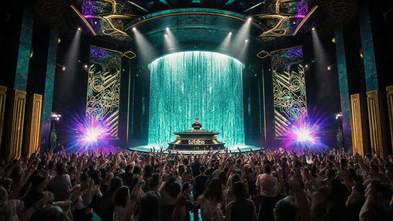 Inside White Dubai club with holographic waterfall and dancing crowd.