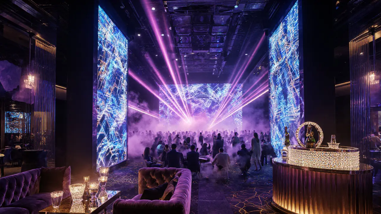 Interior of an upscale Dubai club with LED walls, laser beams, dancing crowd, and a plush VIP area with bottles.