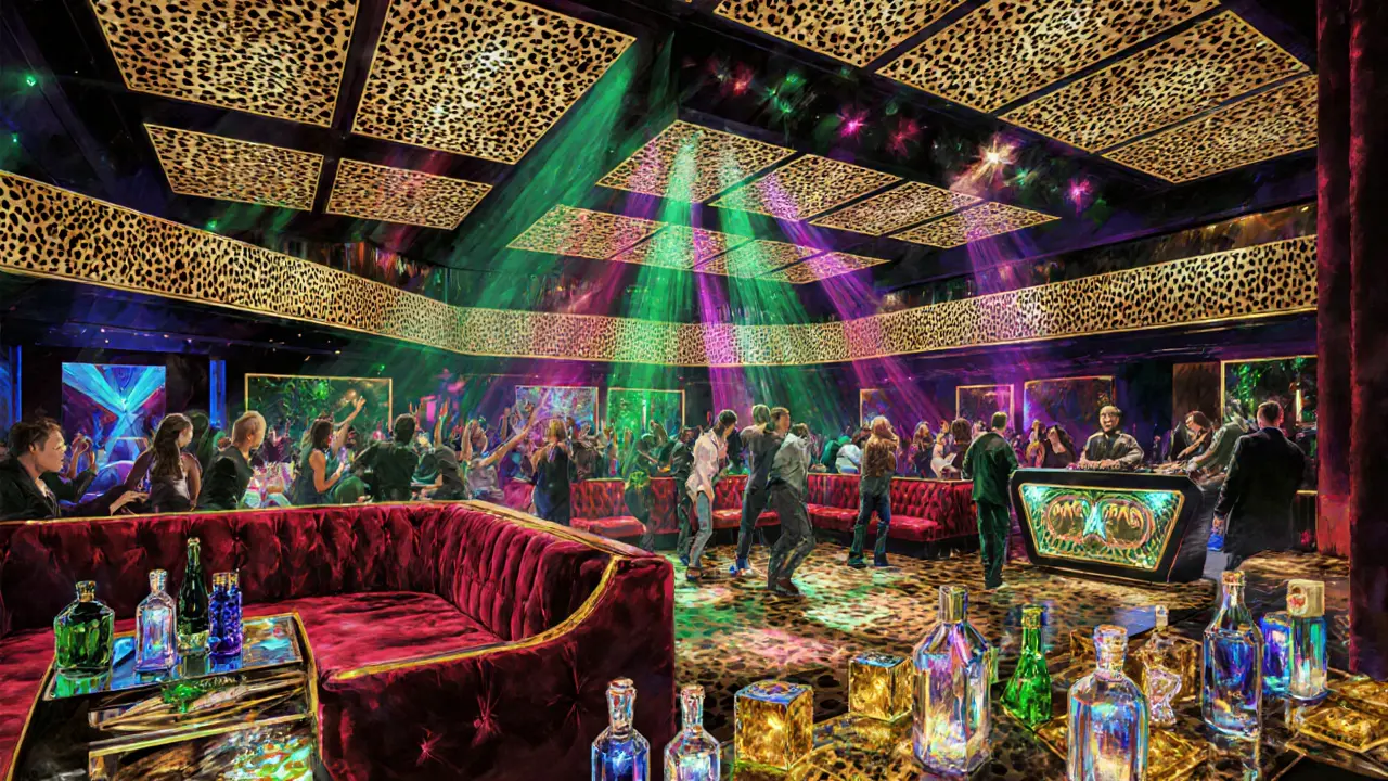 Lavish interior of Cavalli Club featuring leopard print walls, dance floor, and golden lounge.