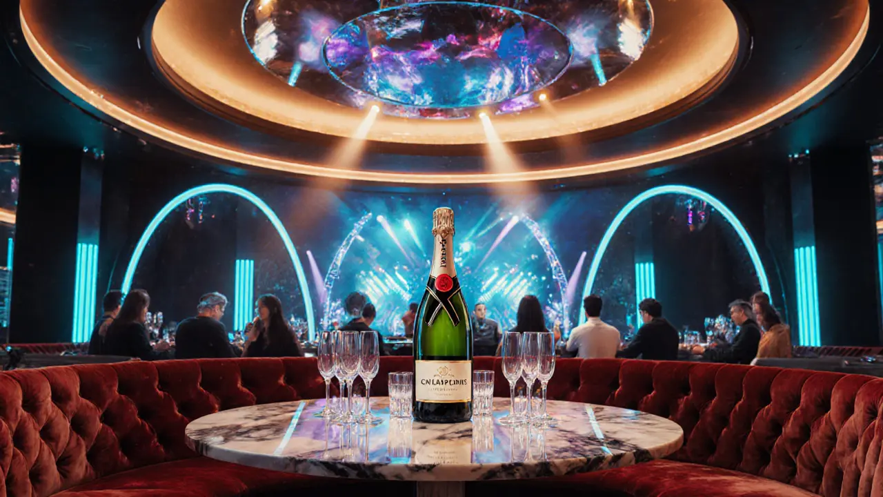 Luxurious VIP table with champagne at White Dubai under a colorful LED canopy.