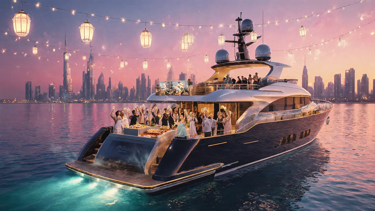 Luxurious yacht party at sunset with DJ, champagne, and city lights reflected on water.