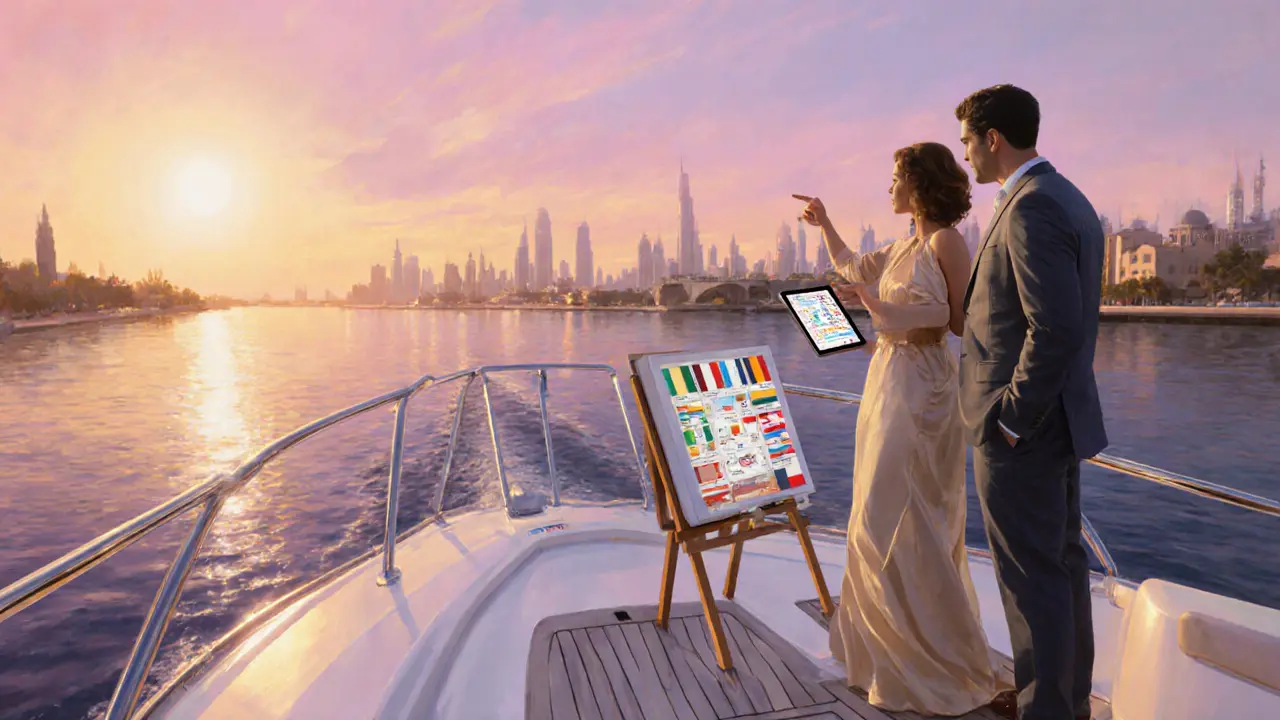 Luxury yacht at sunset with companion showing language icons on tablet.