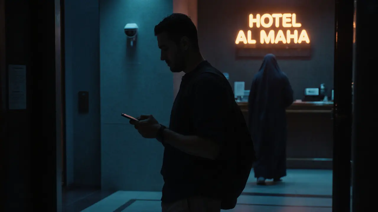 Man in hotel lobby glancing at phone as a blurred figure approaches, conveying tension and risk.