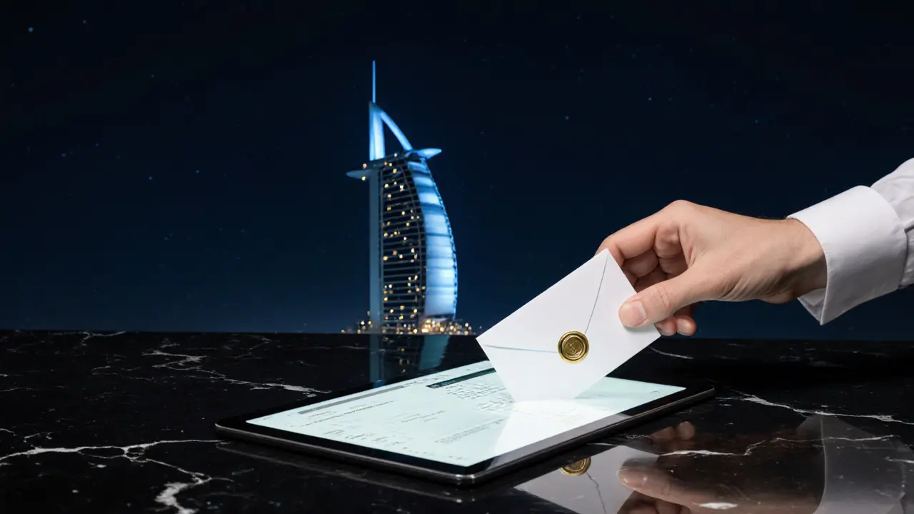 Minimalist concierge desk with sealed envelope and glowing tablet, Burj Al Arab in background.