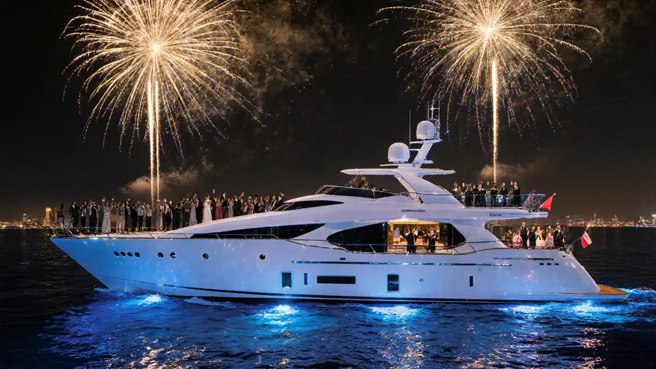 Nighttime yacht birthday party with fireworks reflecting on water and guests celebrating.