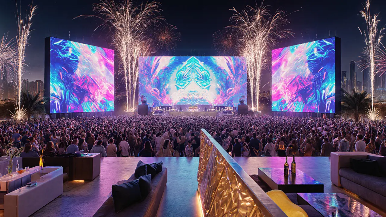 Outdoor superclub BASE Dubai with massive LED walls, dancing crowd, and VIP lounge.
