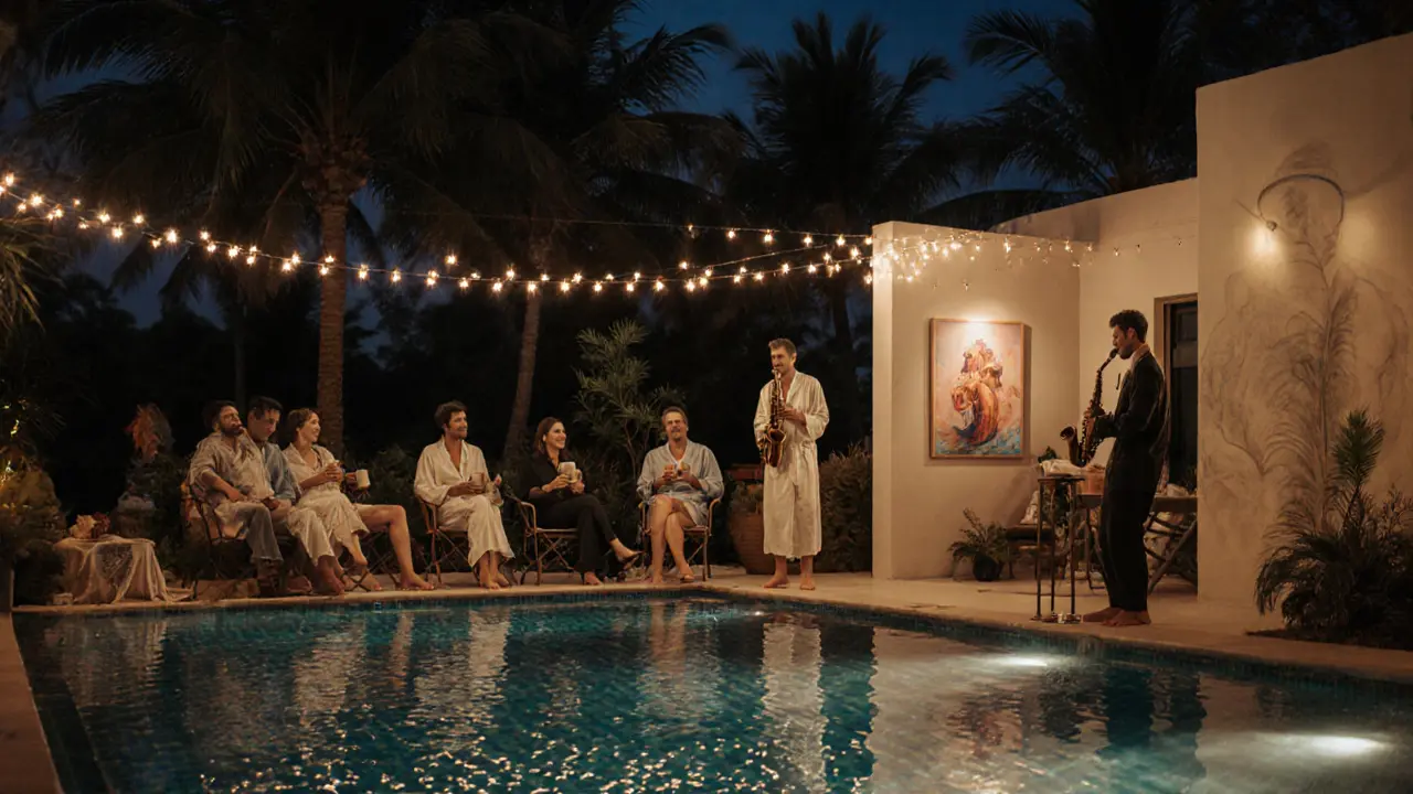 Poolside villa in Palm Jumeirah at sunrise with saxophonist, silk robes, and calm guests.