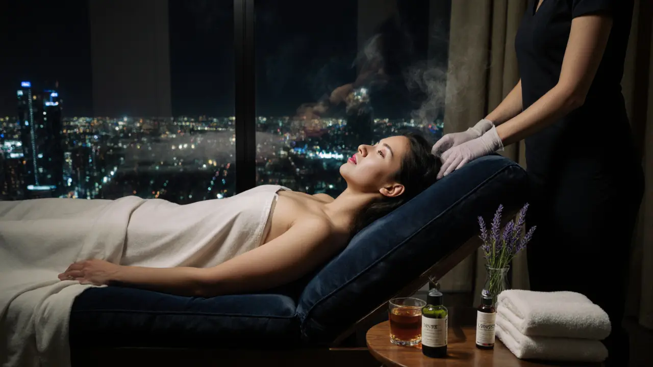 Relaxed client resting after a body‑to‑body massage with Dubai skyline view.