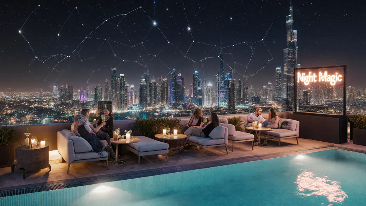 Rooftop lounge overlooking Dubai at night with people enjoying cocktails.