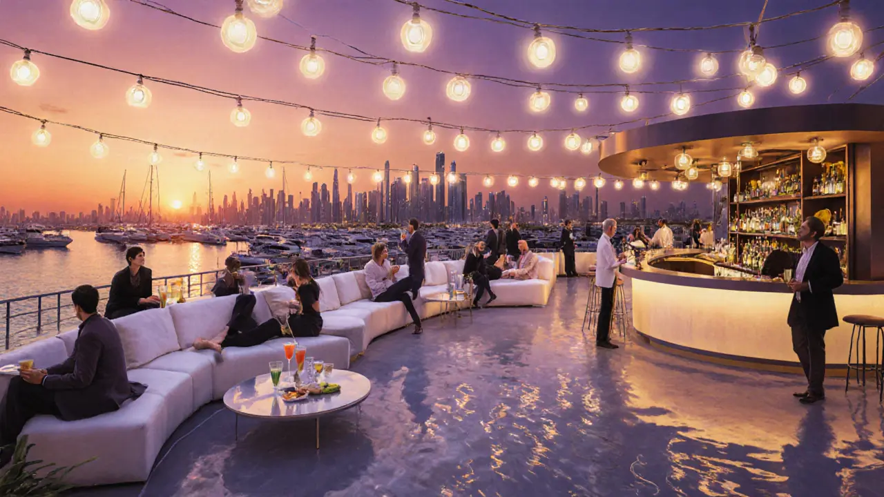Rooftop terrace at sunset with skyline view, lounge seating, and elegant guests.