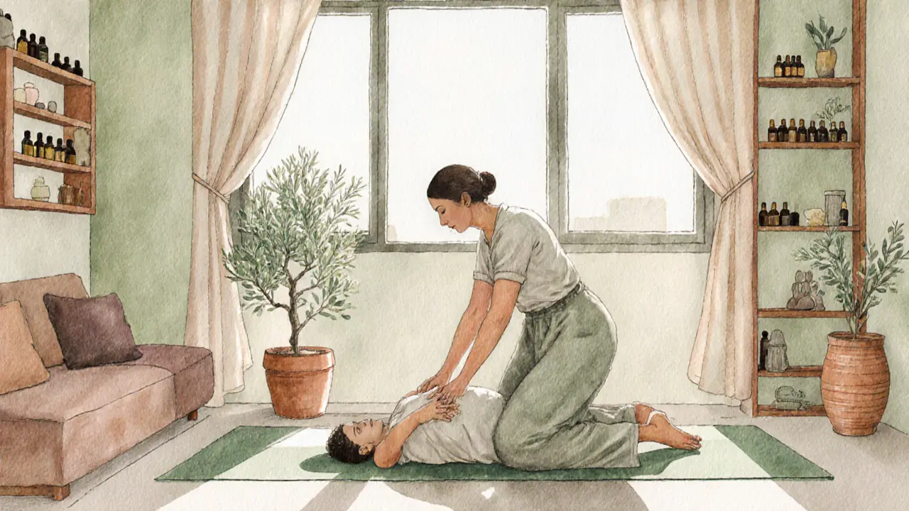 Thai Yoga Massage being performed in a minimalist spa with natural light and organic oils.