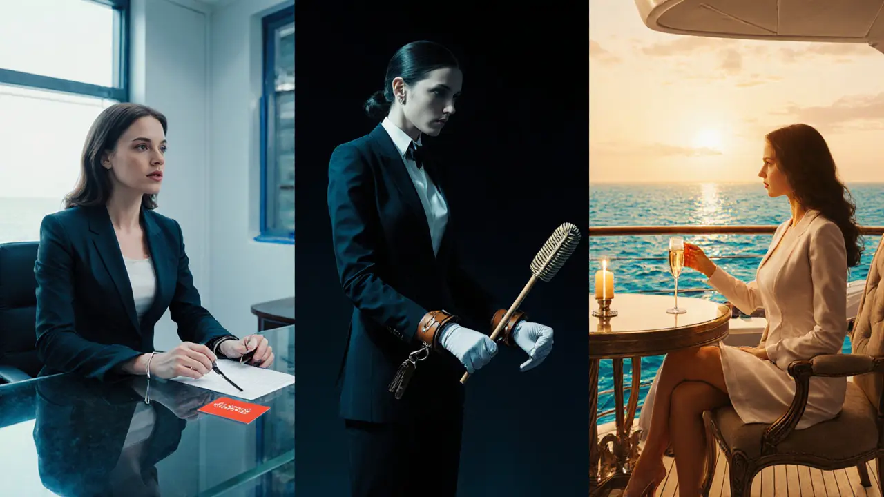 Three panels showing office domination, discipline session, and yacht luxury domination scenes.