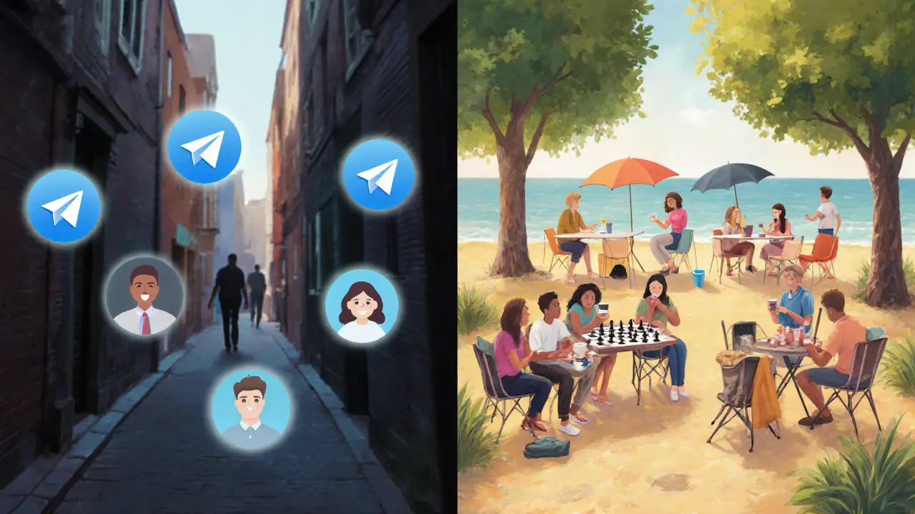 Two contrasting paths: a dark alley with fake online profiles versus a sunlit park where people connect through friendship and volunteering.