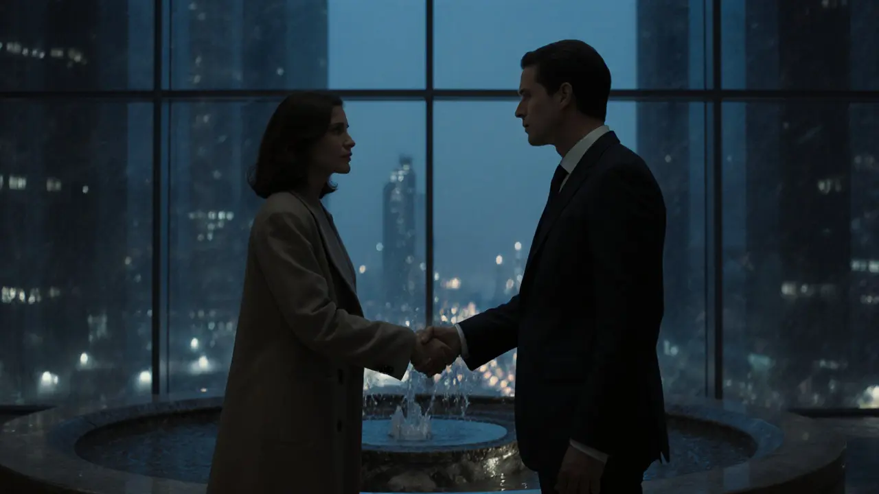 Two people exchanging a discreet handshake in a luxurious hotel lobby under soft lighting.