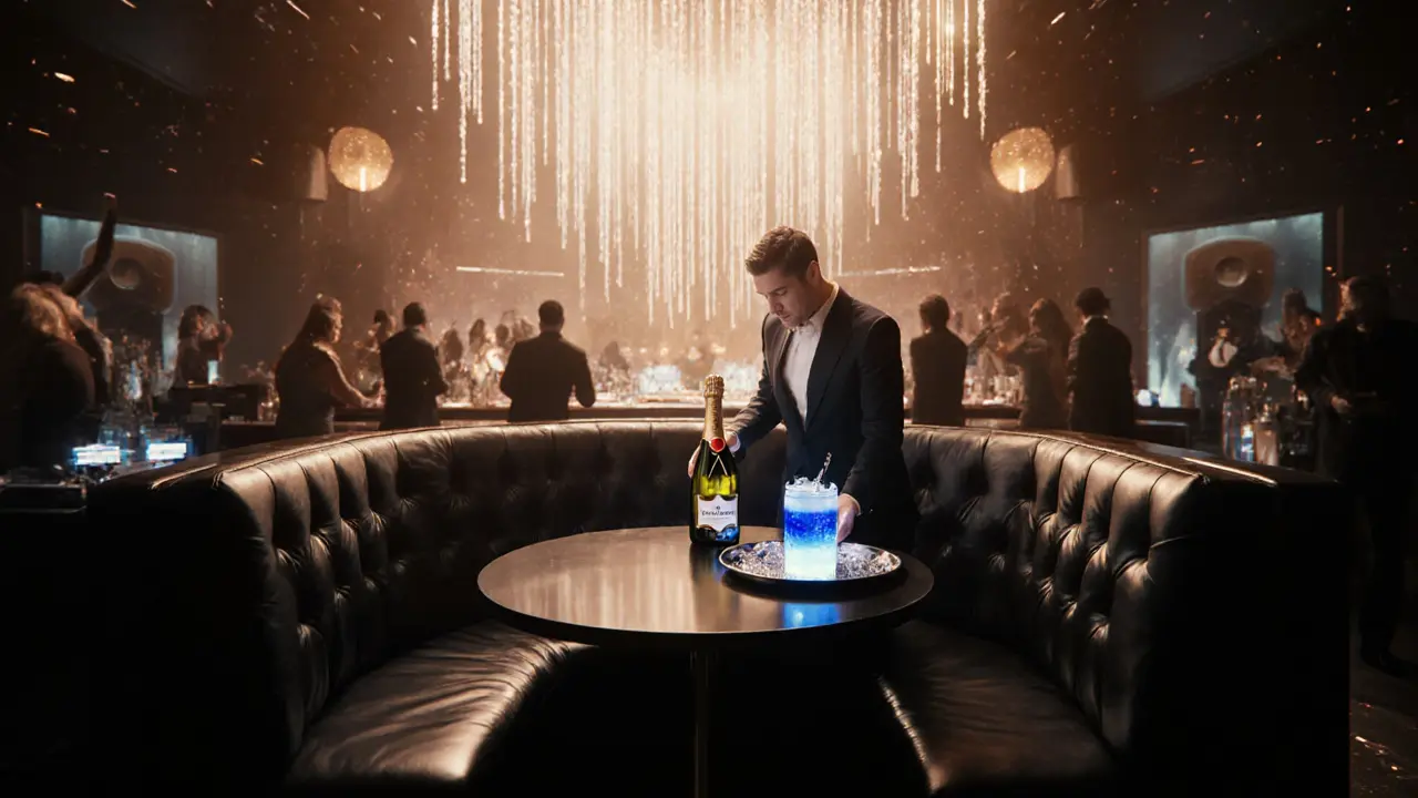 VIP booth with bottle service, LED lighting, and a bartender mixing a signature cocktail.