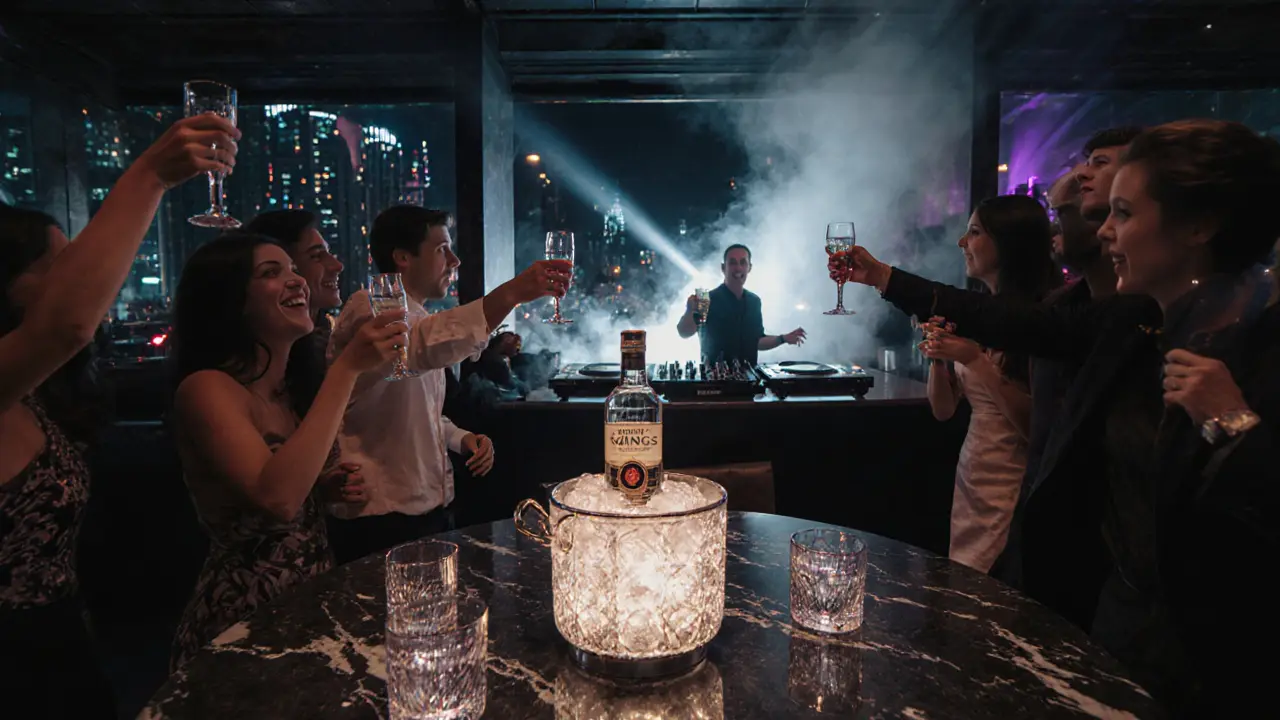 VIP lounge with bottle service, DJ, and city lights visible through windows.
