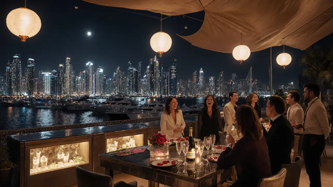 VIP terrace scene overlooking Dubai Marina skyline with guests and bottle service.