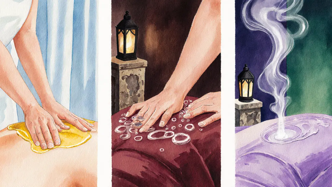 Watercolor illustration of three body‑to‑body massage styles.