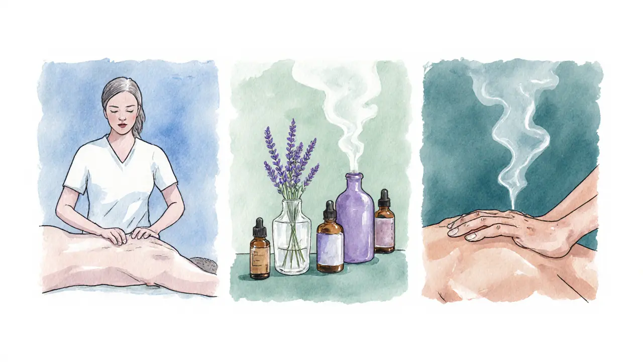 Watercolor panels illustrating Swedish, aromatherapy, and deep‑tissue massages.