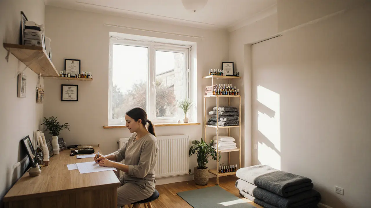 A certified therapist reviewing a client&#039;s health form in a simple, professional wellness studio.