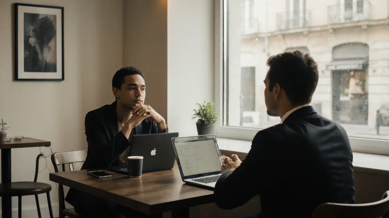 A client and escort meeting for the first time in a quiet café, engaged in calm conversation.