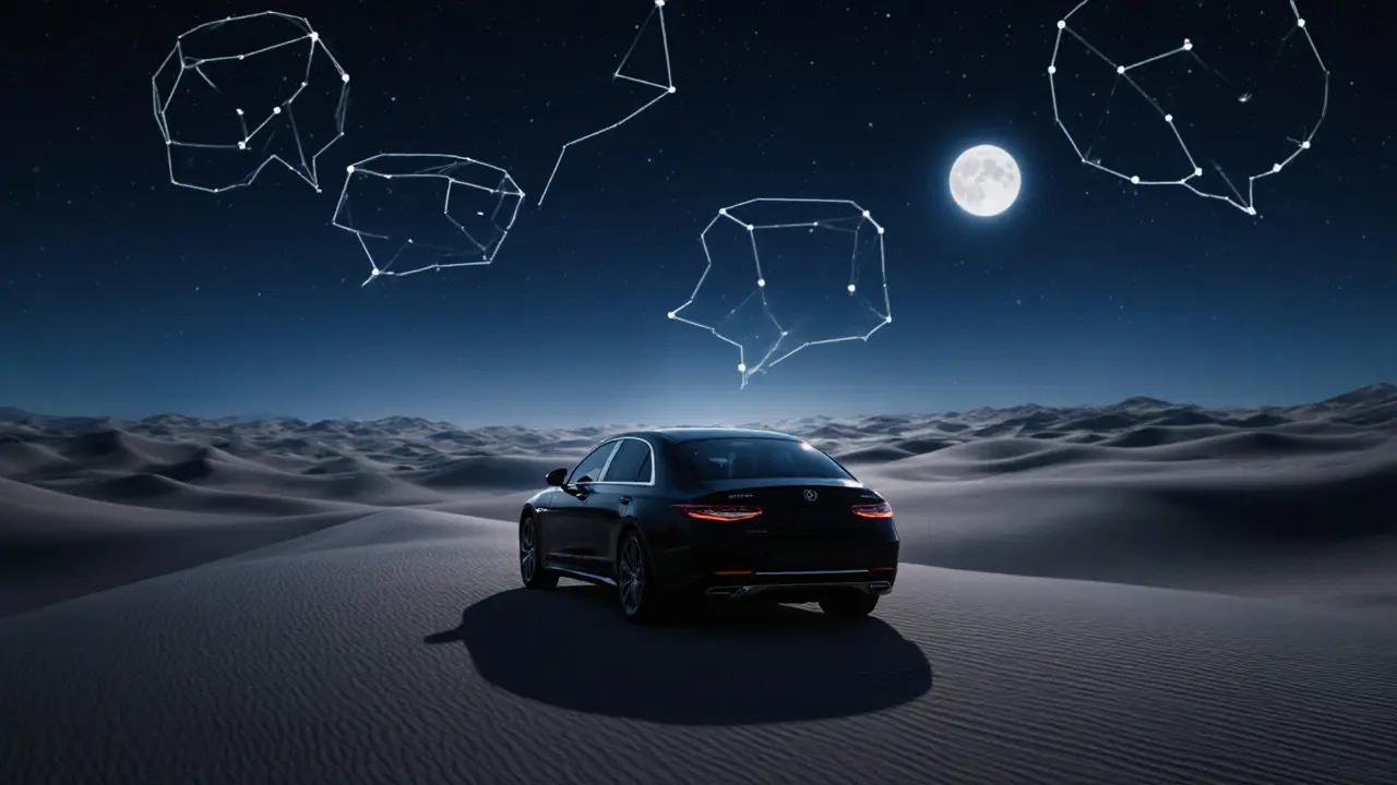 A couple drives through moonlit desert dunes at night, luxury car visible, stars above forming subtle conversation shapes.