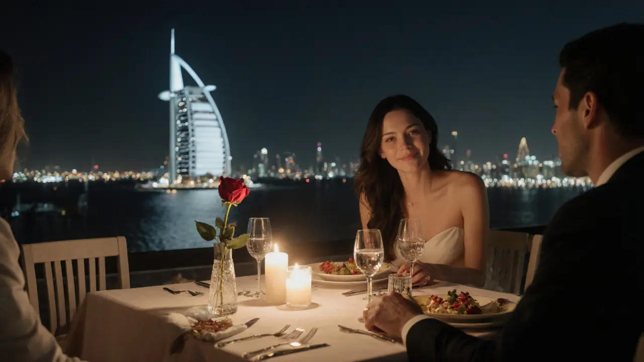 A couple enjoys a candlelit rooftop dinner with Dubai’s skyline glowing behind them.