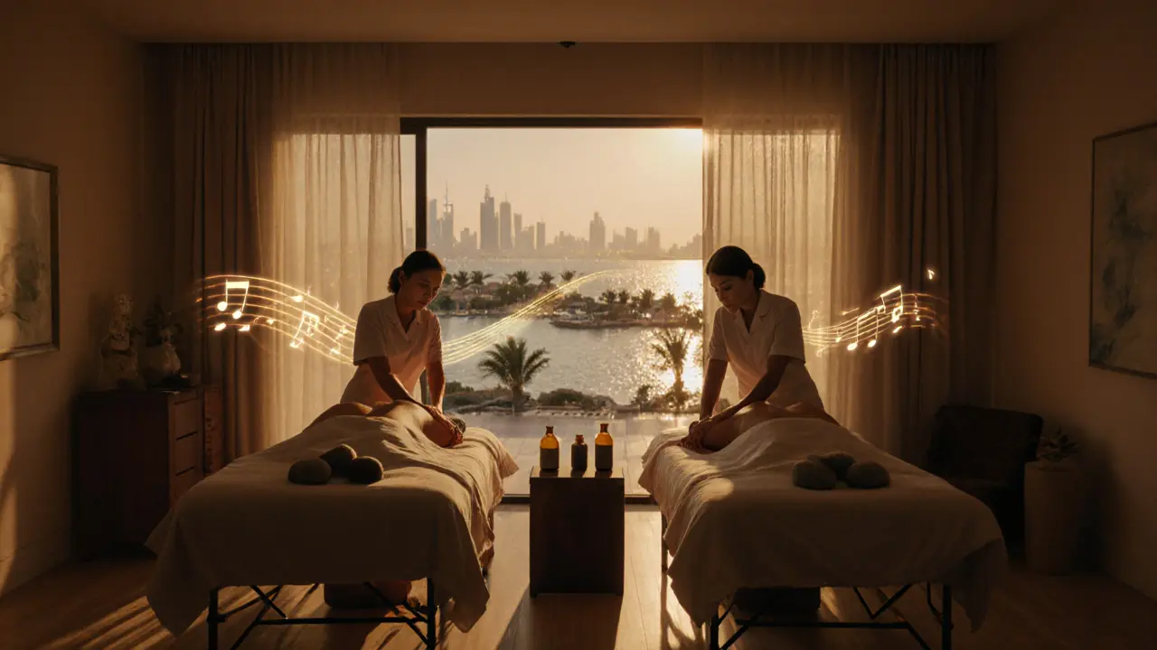 A couple receiving simultaneous massages in their bedroom, surrounded by calming elements and Dubai&#039;s skyline outside.