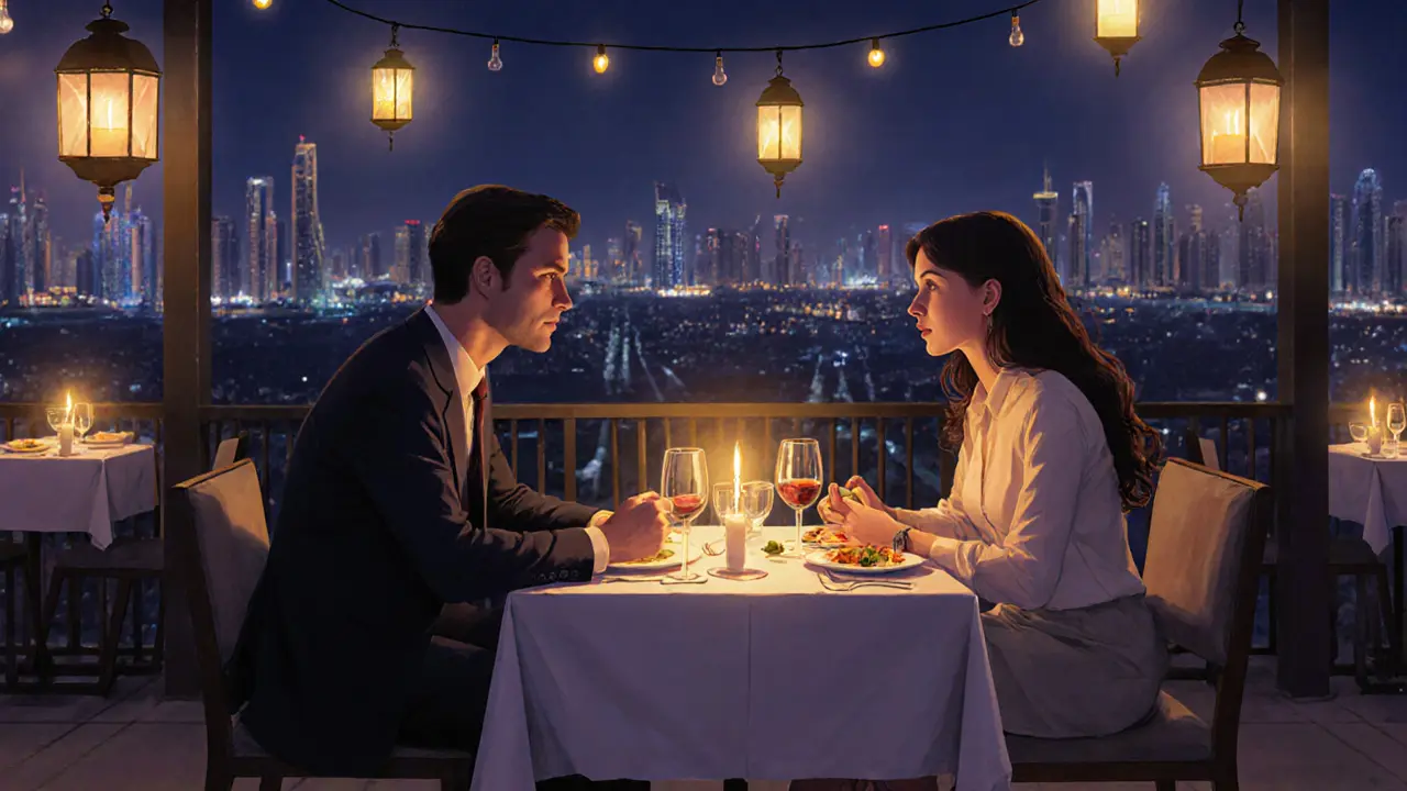 A couple shares a quiet candlelit dinner at a Dubai restaurant with the city skyline glowing softly behind them.