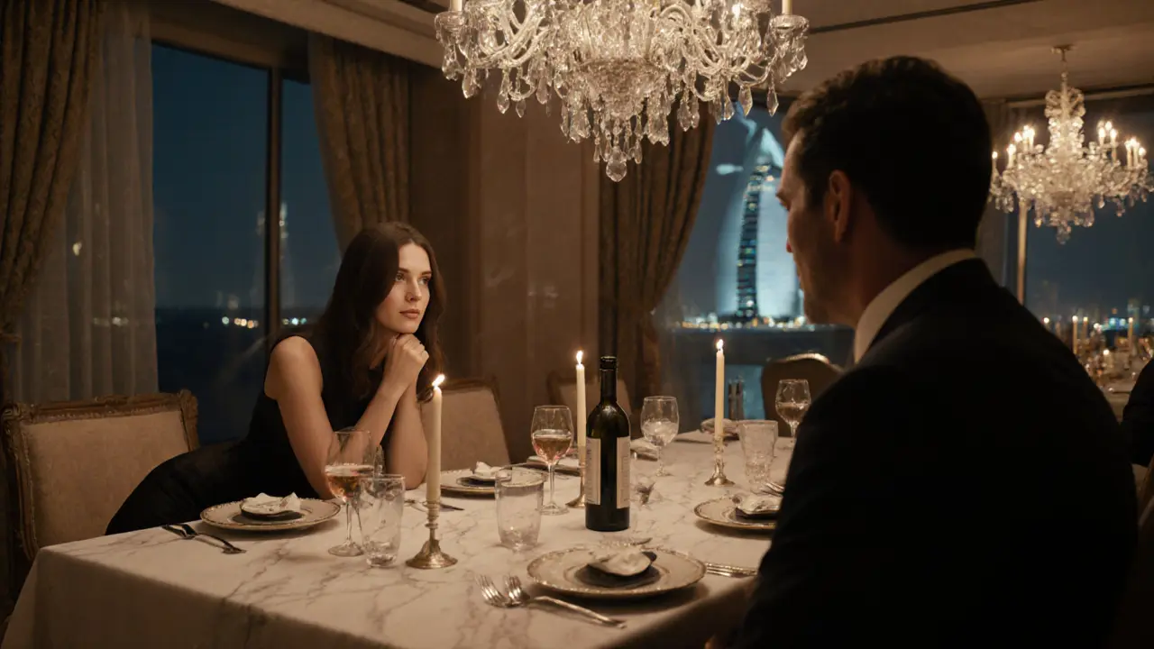 A couple shares an intimate dinner at Burj Al Arab, illuminated by candlelight in a luxurious setting.