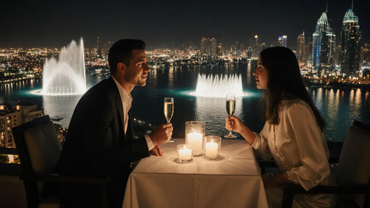 A couple sharing champagne at a rooftop lounge with Dubai Marina lights in the background.
