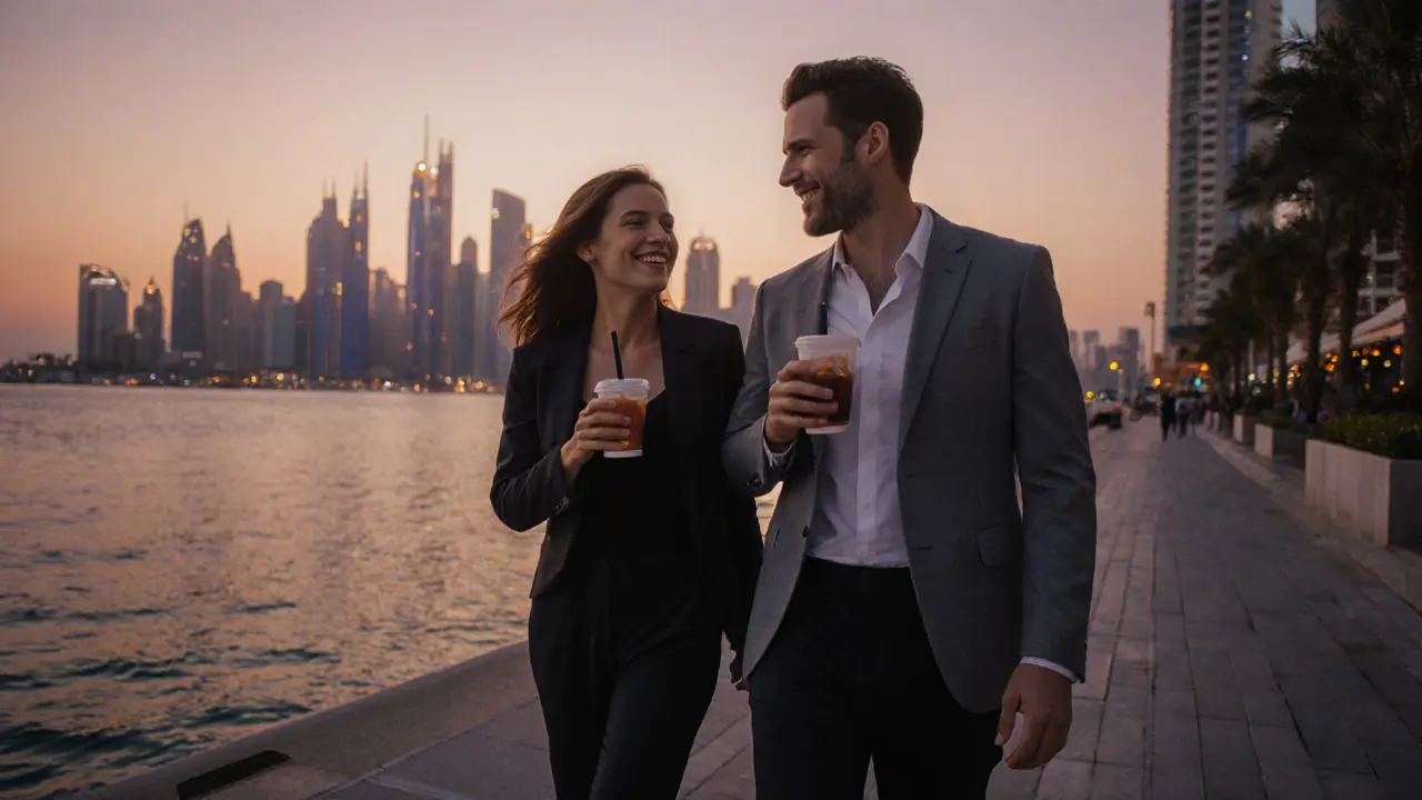 A couple walking peacefully along Dubai Marina at sunset, sharing a quiet moment of genuine connection.