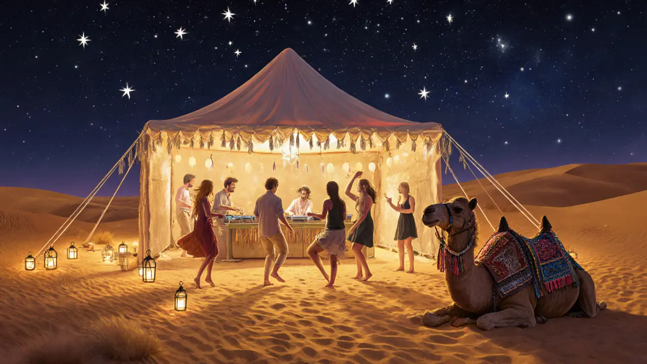 A glowing desert club in the dunes with guests dancing under LED stars and lanterns.