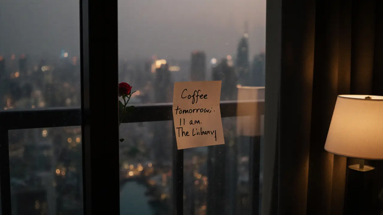 A handwritten note under a door with a rose on the balcony at dawn.