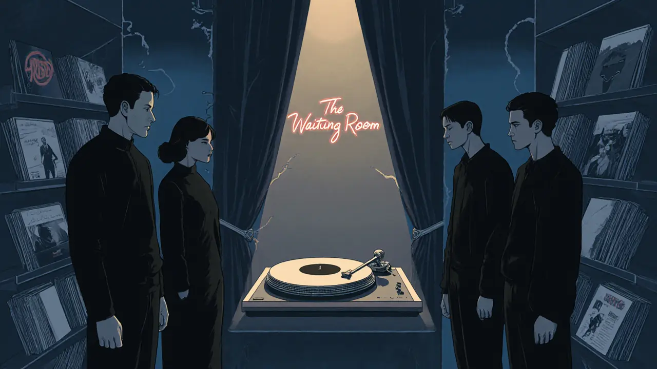 A hidden lounge with dim lighting where guests listen quietly to vinyl records on a turntable.